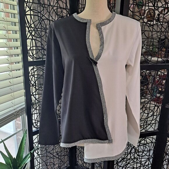 Black and White Colorblock Blouse Silver Metallic Trim Button Accent NWT - Picture 1 of 10